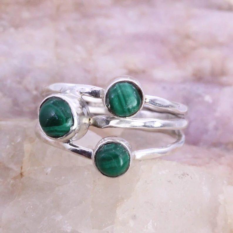 925 Sterling Silber Ring Malachit Ring Damen Ringe Band Unisex Edelstein Ring Breiter Bandring