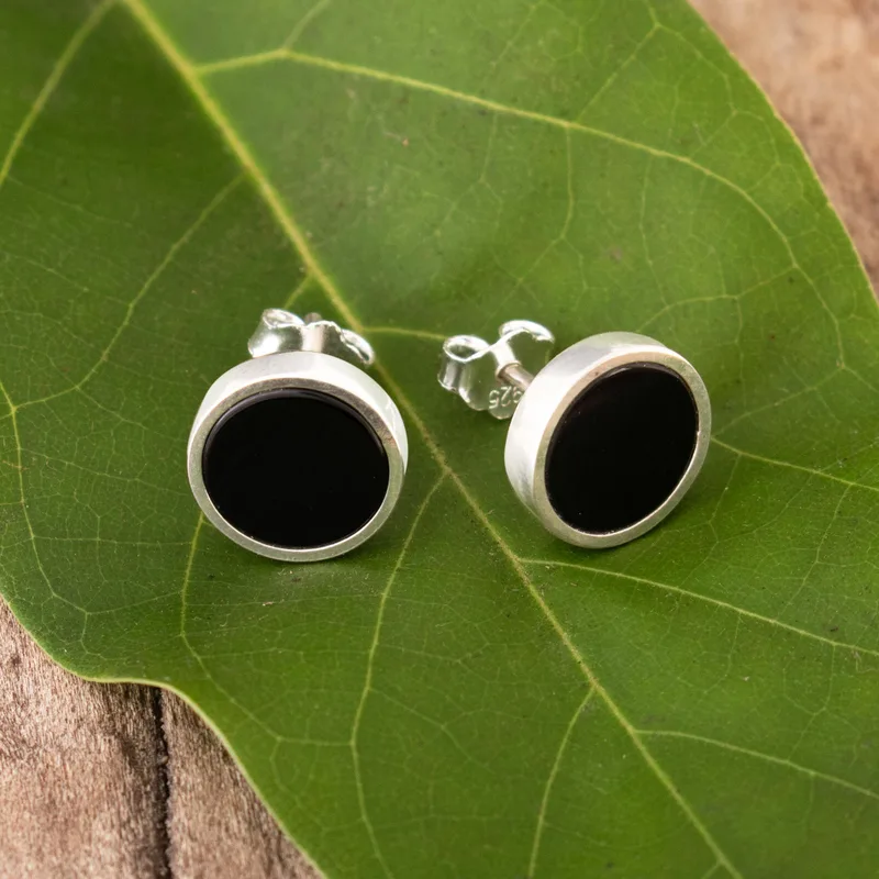 Runde Ohrstecker aus schwarzem Onyx und Sterlingsilber, Onyx-Schmuck, Ohrstecker für den Alltag, für Frauen, Geschenk für Schwester & Sie
