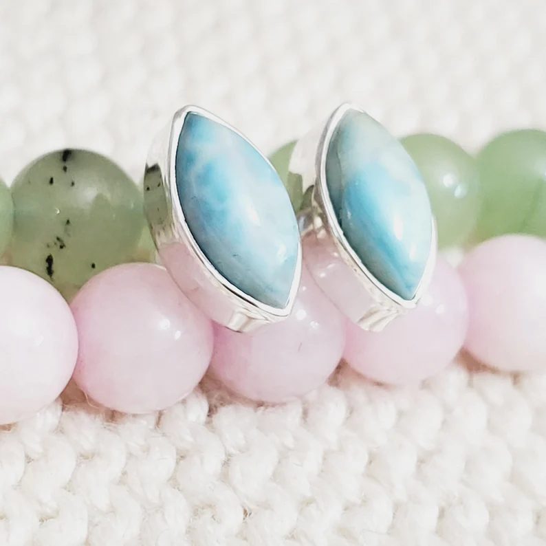 Larimar Marquise-Schliff Edelstein 925 Sterling Silber Ohrstecker Designer Silberohrringe Natürliche Edelsteinohrringe Handgefertigte Ohrringe