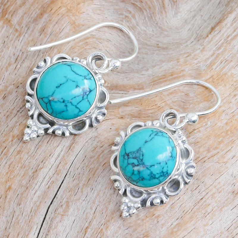 Echte Türkis-Hängeohrringe, 925er Sterlingsilber, handgemacht, böhmischer Edelsteinschmuck, Geschenk für sie & Mama