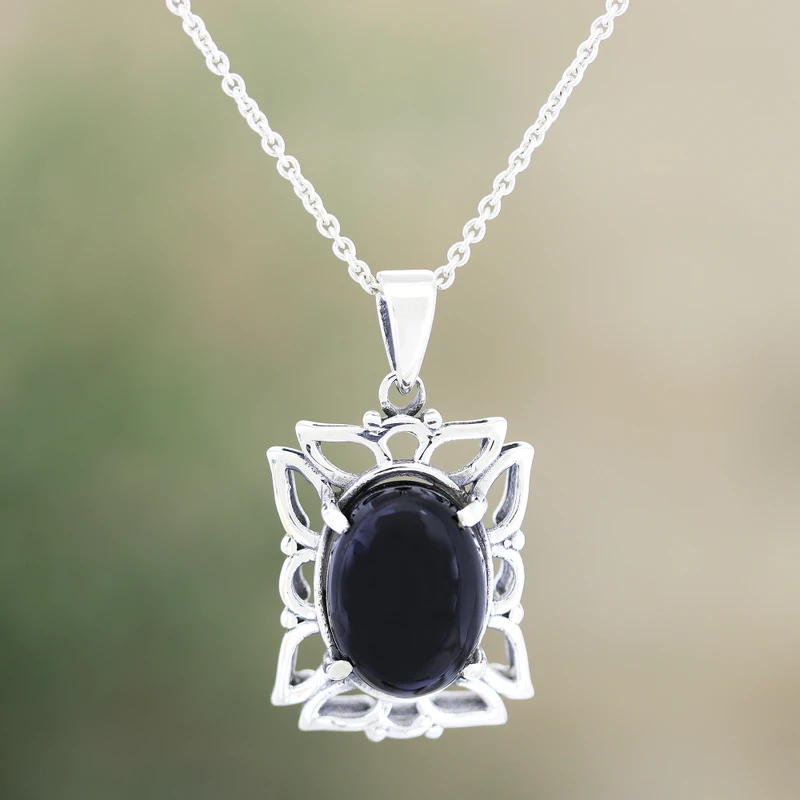 925 Sterlingsilber und Onyx Anhänger Halskette Anhänger Halskette Zarte Halskette Böhmischer Schmuck Perfektes Geschenk für Sie