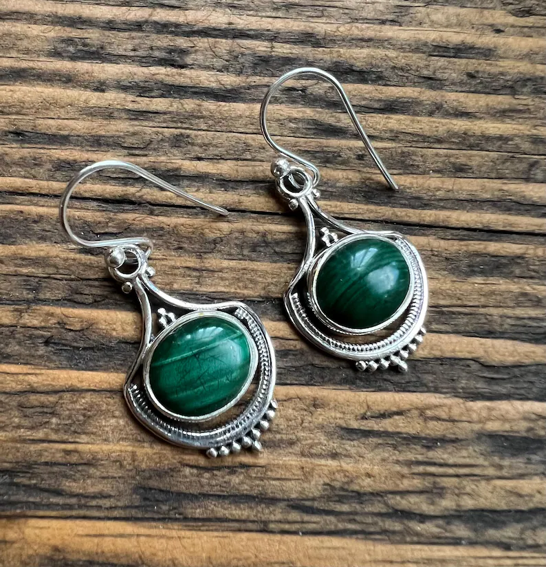 Malachite Earrings Oval Earrings Boho Green Oval Earrings 925 Sterling Silver Gift for Her Mother Day Gift For Her & Mom