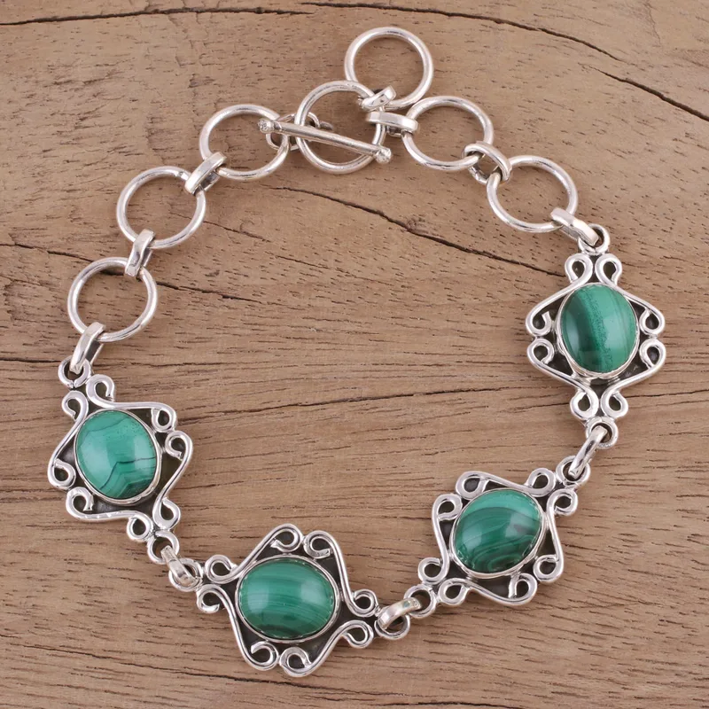 Malachit Wirbelndes Gliederarmband Handgefertigt in Indien 925 Sterling Silber Bohemian Schmuck Charmantes Schmuckstück Valentinstagsgeschenk für Sie