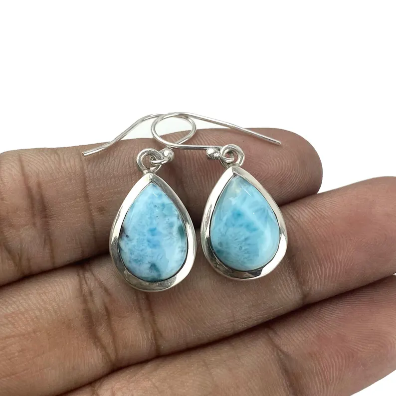 Natürlicher Larimar-Edelstein-Ohrring, handgefertigter Schmuck-Ohrring, 925er Sterlingsilber-Ohrring, massiver Silber-Ohrring, Larimar-Schmuck