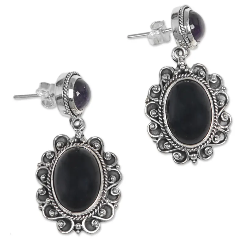 Amethyst- und Onyx-Ohrringe, 925er Sterlingsilber, handgefertigte Ohrringe, Geschenkidee, Geburtstagsgeschenk für sie