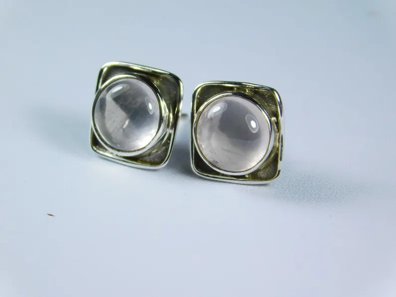 Echte 925 Sterling Silber Ohrstecker Quadratisch mit Natürlichem Rosenquarz Edelstein Minimalistischer Silberschmuck Handgemachtes Geschenk für Sie