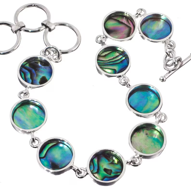 Armband mit mehreren Steinen und Abalone-Muschel, runde Form, 925er Sterlingsilber, Boho, zierlicher Schmuck, Geschenk für sie