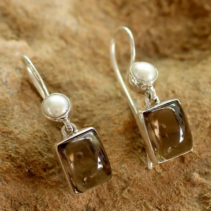 Perlen und Rauchquarz Ohrringe Edelstein Hakenohrringe 925 Sterling Silber Rauchfarbene Steinohrringe Zierliche Ohrringe Geschenk für Sie