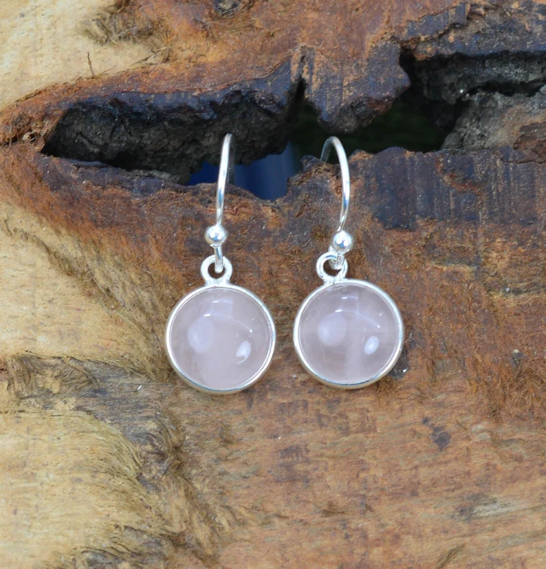 Runde Rosenquarz-Edelstein-Ohrringe 925 Sterling Silber Designer Ohrringe Januar Geburtsstein Ohrringe Handgefertigte Ohrringe Rosenquarz-Ohrringe Geschenk für Sie