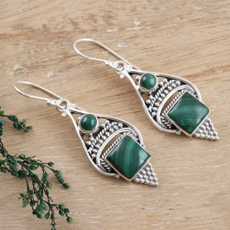 Green Ocean 925 Sterling Silber und Malachit Ohrhänger Elegante Ohrringe Boho Zierliche Ohrringe Handgemachter Schmuck Geschenk Für Sie