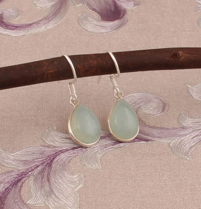 Aqua-Chalzedon Birnenform Edelstein Ohrringe 925 Sterling Silber Ohrringe Designer Lünettenfassung Silber Ohrringe Handgefertigte Edelstein Ohrringe