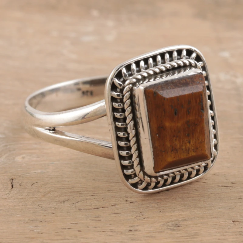 Handgefertigter Tigerauge Cocktailring 925 Sterling Silber Edelsteinring Gelber Bandring Hochzeitsgeschenk Ring für die Liebe Valentinstag Geschenk für Sie