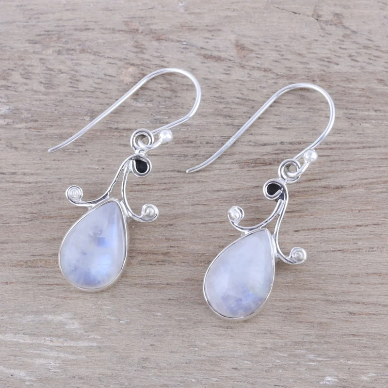 Ohrringe Teardrop Regenbogen-Mondstein, 925 Sterlingsilber, handgefertigt, Tropfenform, Edelstein-Ohrring, Geschenk für sie
