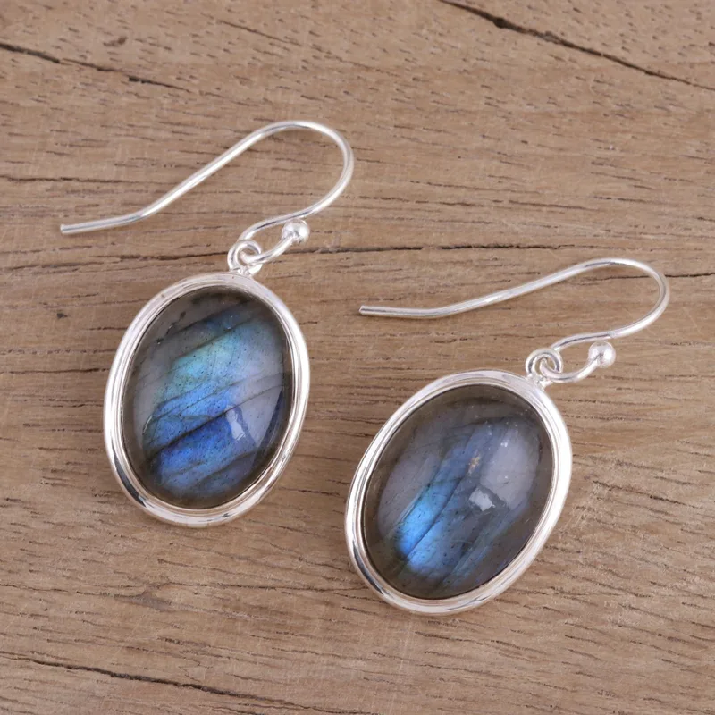 Cabochon-Labradorit-Ohrhänger aus 925er Sterlingsilber, blaue Edelstein-Ohrhänger, Labradorit-Schmuck