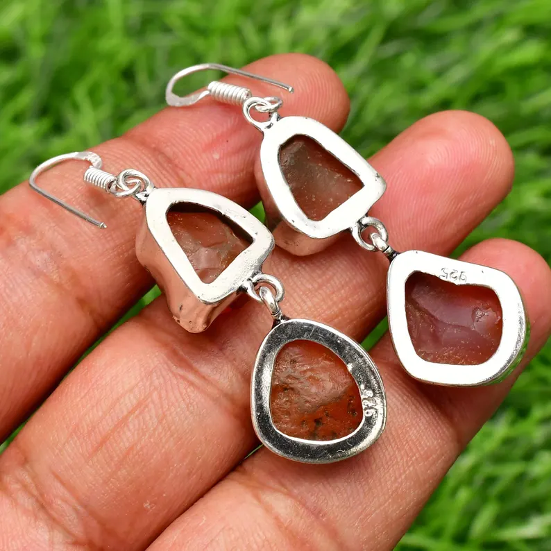Natürliche Karneol 925 Sterling Silber Roh Ohrringe Geschenk für Sie Handgemachte Ohrringe Dangle Ohrringe Für Frauen Alltag Statement Ohrringe