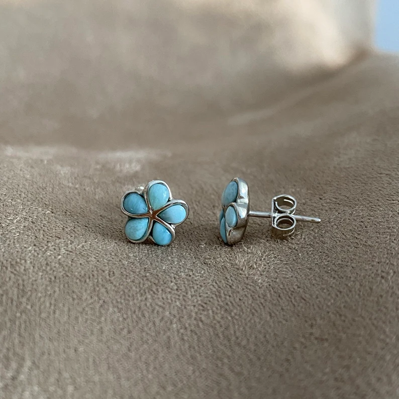 Ohrstecker Natürliche Larimar Blumenohrringe Sterling Silber Ohrstecker Larimar Schmuck Geschenk Für Sie Blumenstecker