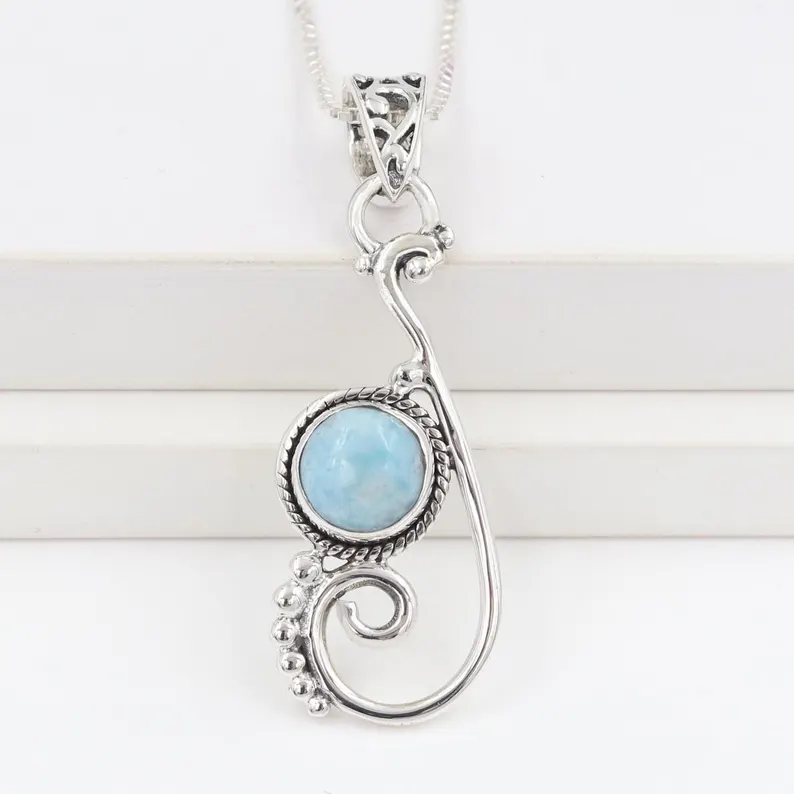 Larimar Halskette, massive Silberkette, handgefertigte Halskette, Edelstein-Halskette, Statement-Anhänger, Geburtsstein-Halskette, bestes Geschenk für sie