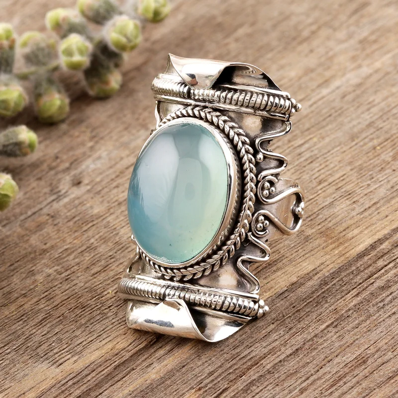 Breiter Ring Bandring Aqua Chalcedon Ring 925 Sterling Silber Boho Ring Blauer Edelstein Handgemachter Statement Silberring