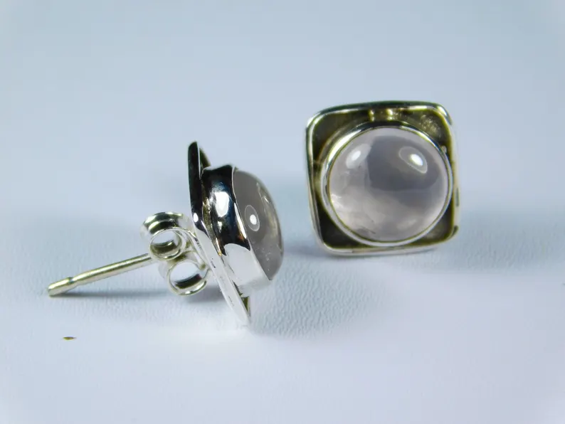 Echte 925 Sterling Silber Ohrstecker Quadratisch mit Natürlichem Rosenquarz Edelstein Minimalistischer Silberschmuck Handgemachtes Geschenk für Sie