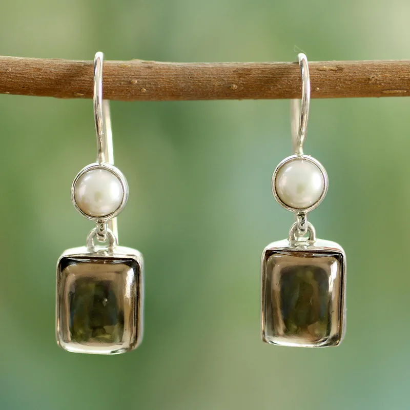 Perlen und Rauchquarz Ohrringe Edelstein Hakenohrringe 925 Sterling Silber Rauchfarbene Steinohrringe Zierliche Ohrringe Geschenk für Sie