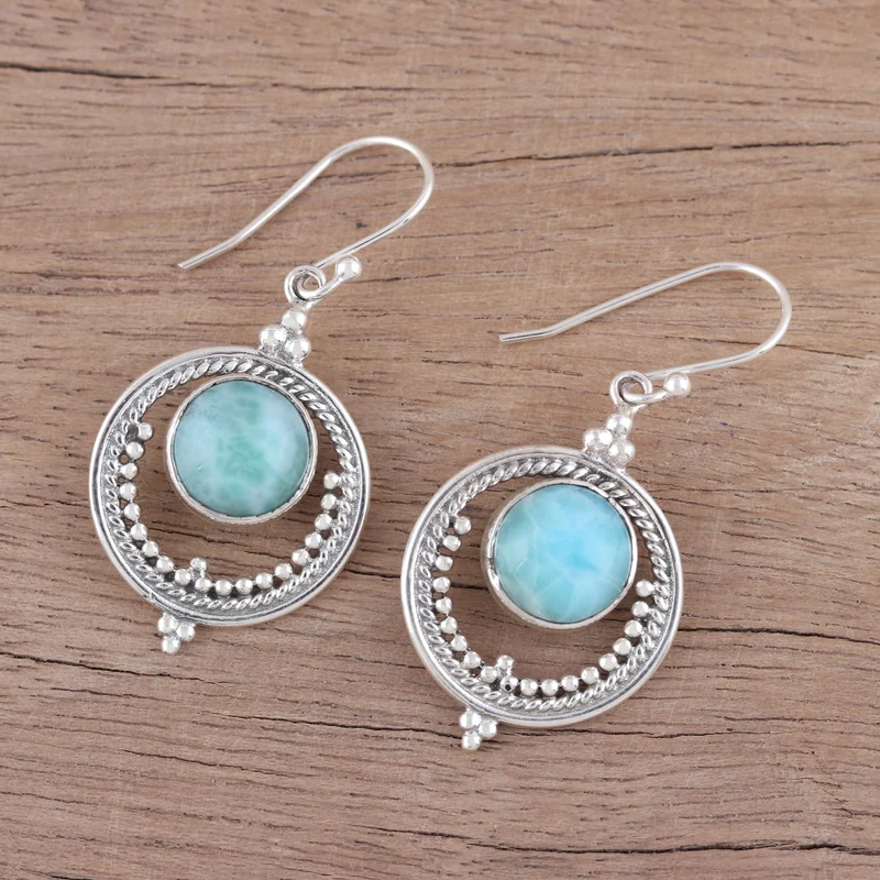 Larimar und Sterlingsilber Ohrhänger Edelstein-Ohrringe Handgefertigte Boho-Ohrringe Geschenk für Sie
