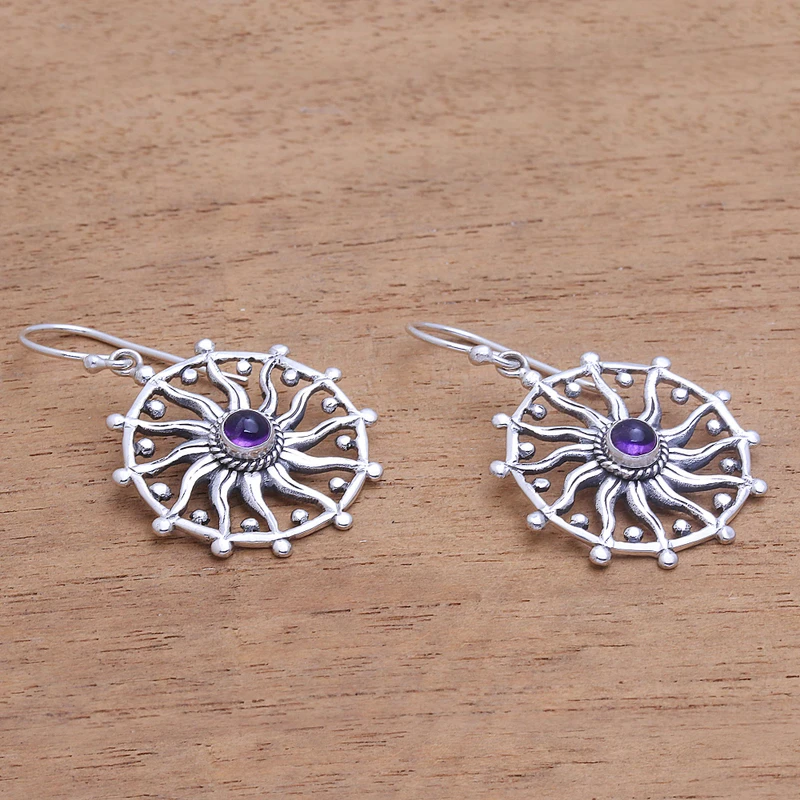 Sonnen-Design Amethyst Ohrringe Hängeohrringe 925 Sterling Silber Handgemachte Ohrringe Geschenkartikel Geburtstagsgeschenk