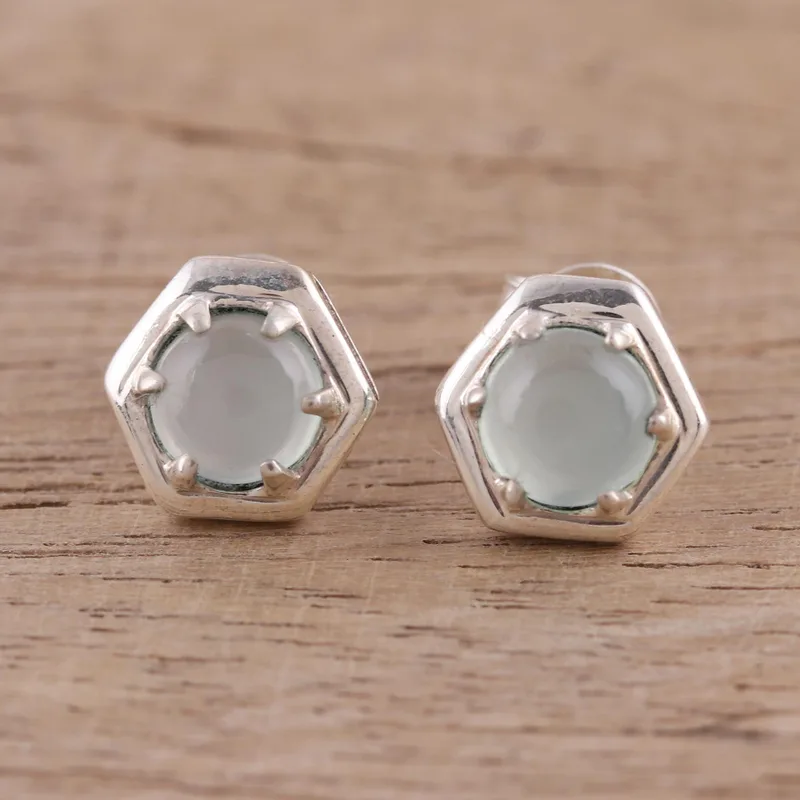 Hexagon Form Aquamarin-Chalcedon Ohrstecker 925 Sterling Silber Handgemachte Ohrstecker Alltags-Ohrringe Für Frauen Geschenk Für Sie