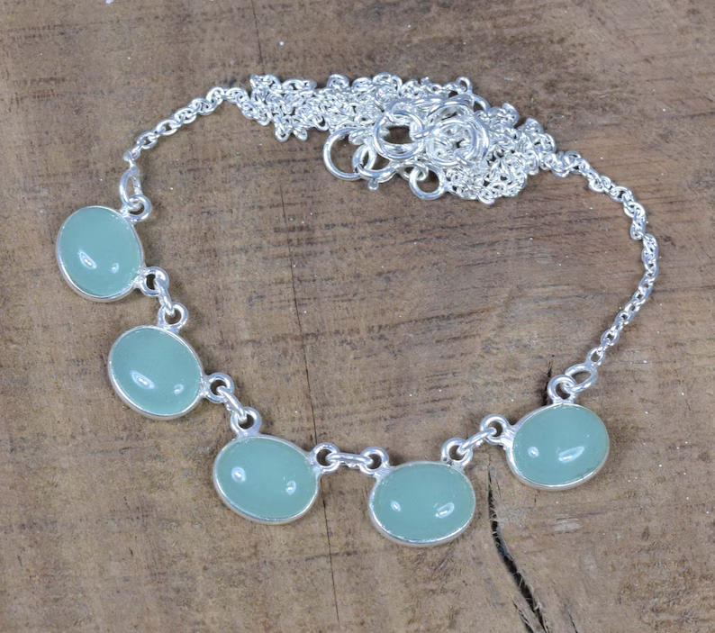 Aquamarin Chalcedon 925 Sterlingsilber Edelstein Designer Halskette Handgefertigter Schmuck Geschenk zum Jahrestag 5-Stein-Halskette Schmuck