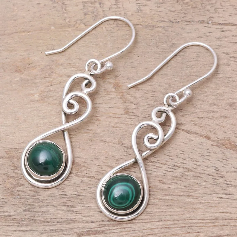 Runde Malachit Ohrhänger aus Sterlingsilber mit Spiralen, handgefertigt, für Damen, minimalistisch, Boho, zarter Schmuck, Geschenk für sie