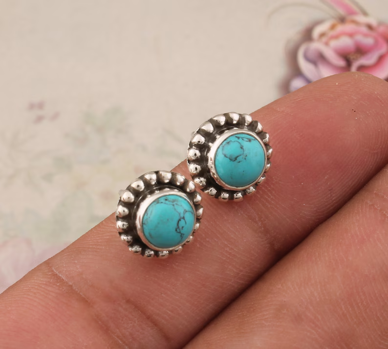 Turquoise Studs Earrings Solid 925 Sterling Silver Stud Earrings For Women Handmade Round Spiral Silver Stud Earrings Turquoise Earring