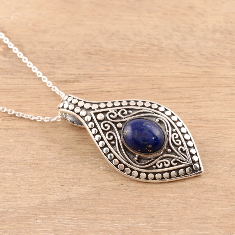 Gemusterte Lapislazuli-Halskette aus Indien 925 Sterling Silber Zierliche Halskette Handgefertigter Schmuck Geschenk für Sie