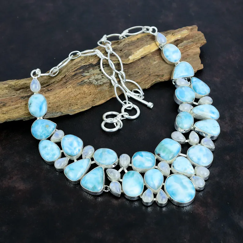 Larimar Mondstein Edelstein Handgemachte 925 Sterling Silber Halskette 925 Gestempelt Edelstein Natur Larimar Silber Halskette