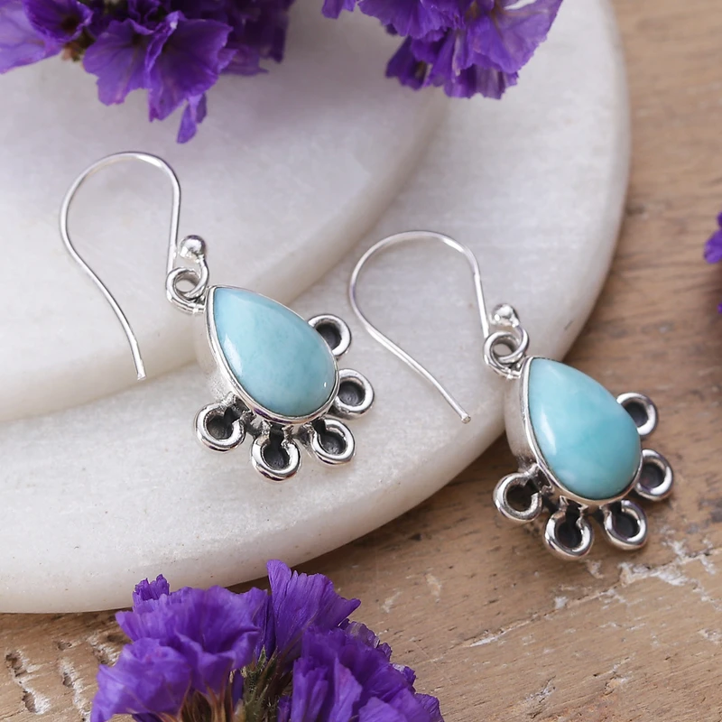 Handgefertigte Boho Ohrringe Sterling Silber Hängeohrringe mit Larimar Steinen Edelsteinohrringe Geschenkidee