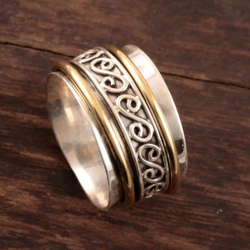 Sterlingsilber- und Messing-Spinner-Ring aus Indien Handgefertigter Ring Silberschmuck Böhmischer zarter Ring Geschenk für sie Geschenkidee