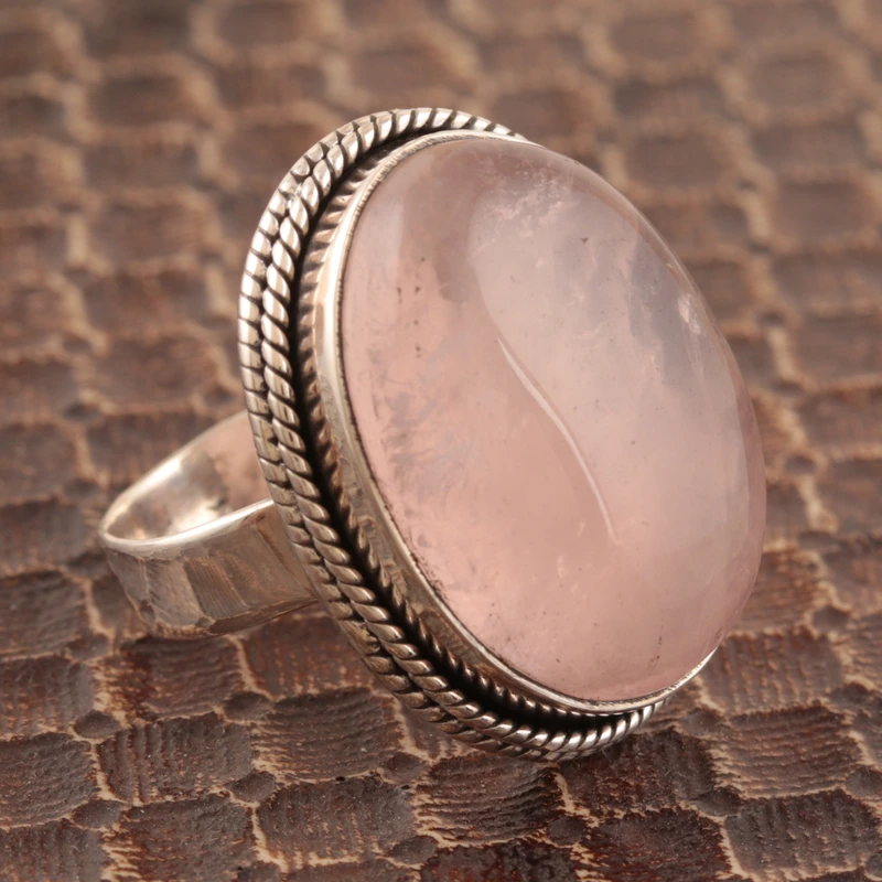 Sweet Glory Rosenquarz Einzelstein Cocktailring 925 Sterling Silber Statement Ring Natursteinring Geschenk für Sie