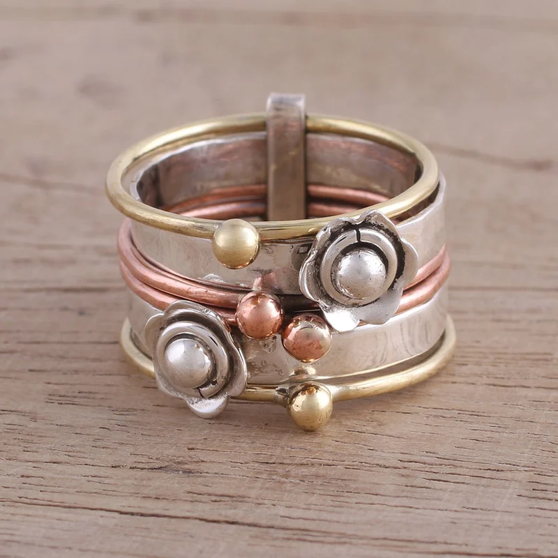 Blumen-Design Sterlingsilber Unisex Spinner Meditationsring Silberschmuck Handgemachter Böhmischer Zarter Ring Geschenk für Sie Geburtstagsgeschenk