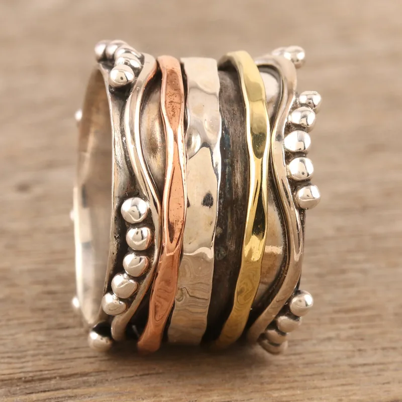 925 Sterling Silber und Kupfer Meditations-Spinner-Ring Handgemachter Ring Silberschmuck Böhmischer zarter Ring Geschenk für Sie