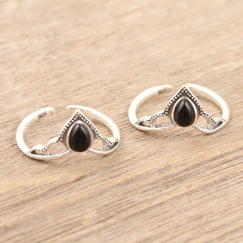Schwarzer Onyx und Sterlingsilber Zehenringe 925 Sterlingsilber Verstellbarer Ring Handgefertigter Ring Damen Silberring Geschenk für Sie