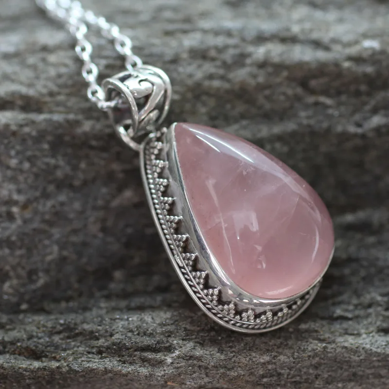 Love Drop Natur Rosenquarz Anhänger Halsketten 925 Sterling Silber Halskette Rosenquarz Schmuck Januar Geburtsstein Geschenk Boho Halskette