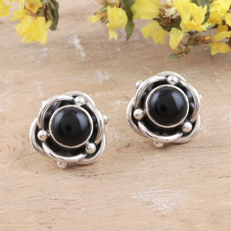 Schwarze Rose Natürliche Schwarze Onyx Ohrstecker 925 Sterling Silber Geschenkverpackung Handgemachter Böhmischer Schmuck Geschenk für Sie & Mama