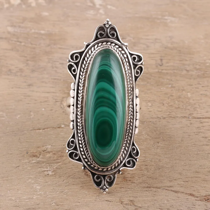 Oval Green Malachite Cocktail Ring Crafted Natural Green Gemstone Ring Handmade Bohemian Jewelry Valentine Gift For Her Birthday Gift