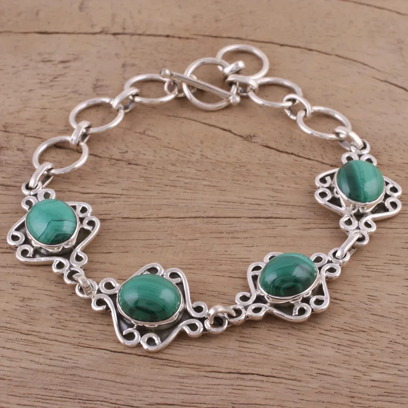 Malachit Wirbelndes Gliederarmband Handgefertigt in Indien 925 Sterling Silber Bohemian Schmuck Charmantes Schmuckstück Valentinstagsgeschenk für Sie