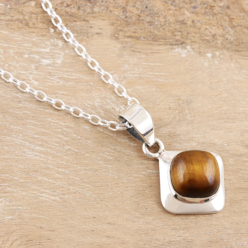 925er Sterlingsilber- und Tigerauge-Anhänger-Halskette, echte Edelsteinkette, 925er Sterlingsilber, böhmischer Schmuck, Geschenk für sie