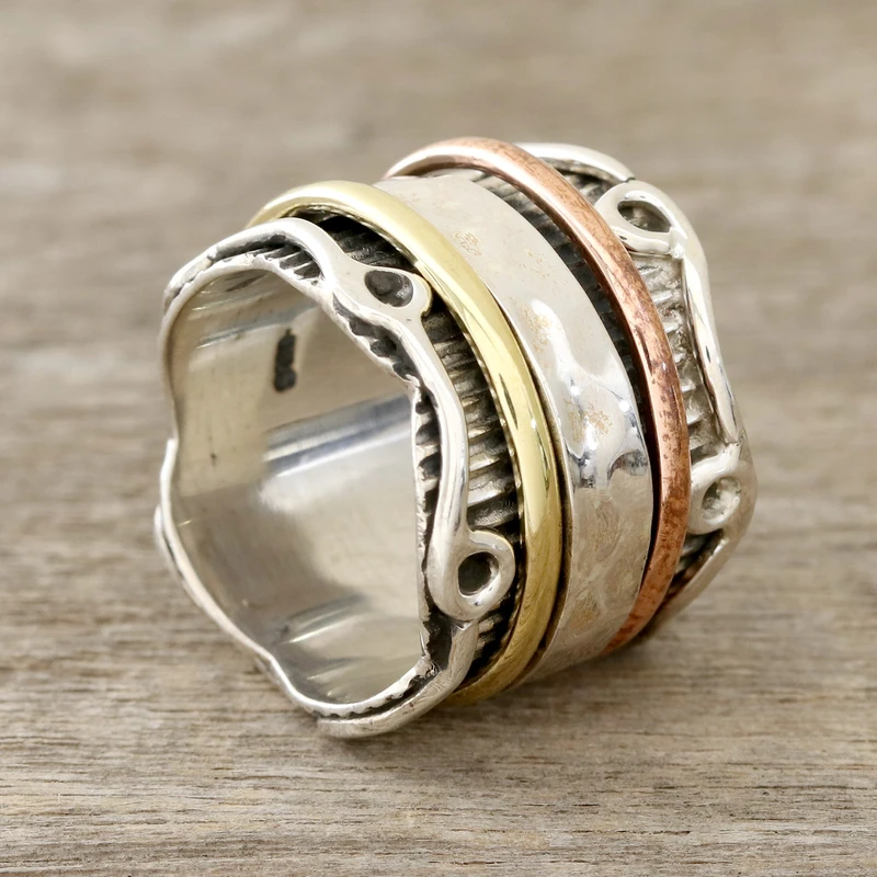 Sterlingsilber Spinner Ring mit Messing und Kupfer Handgemachter Ring Silberschmuck Böhmischer Zierlicher Ring Geschenk Für Sie Geschenkidee