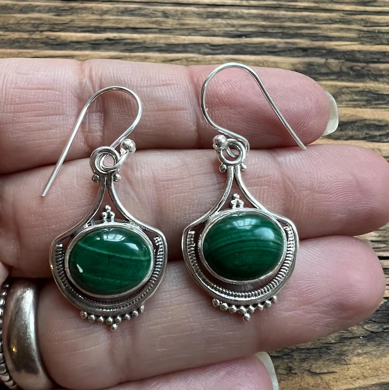 Malachite Earrings Oval Earrings Boho Green Oval Earrings 925 Sterling Silver Gift for Her Mother Day Gift For Her & Mom