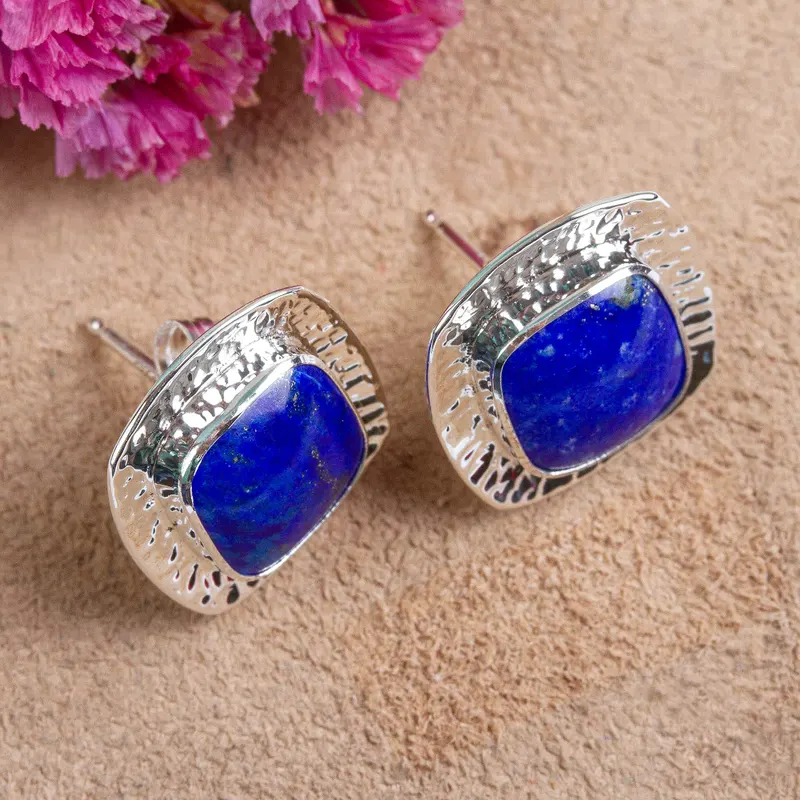 Quadratische Lapislazuli Knopfstecker Ohrringe 925 Sterling Silber Handgemachte Ohrstecker Alltags-Ohrring Für Frauen Geschenk Für Sie
