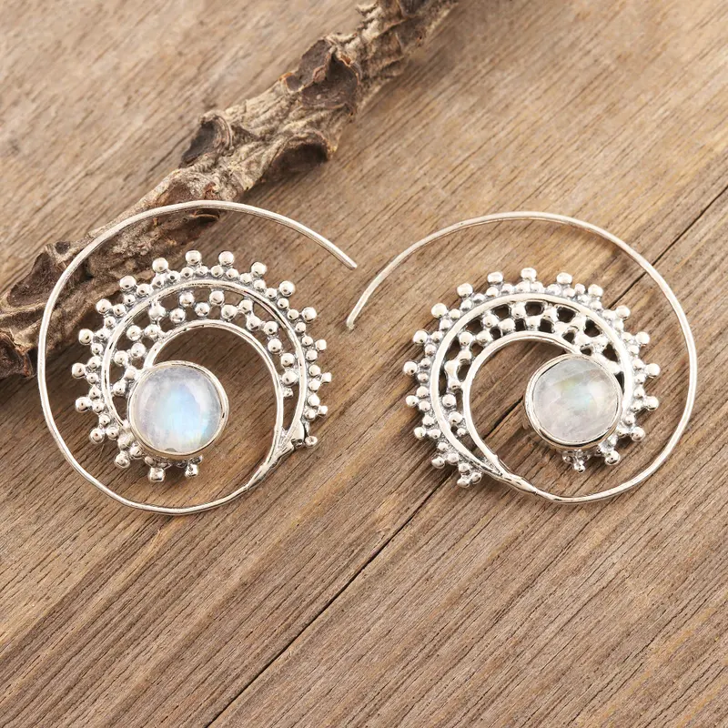 Ohrringe mit natürlichem Regenbogen-Mondstein, 925er Sterlingsilber, Hängeohrringe, handgefertigt, Edelstein-Ohrringe, Geburtstagsgeschenk für sie, Geschenkidee