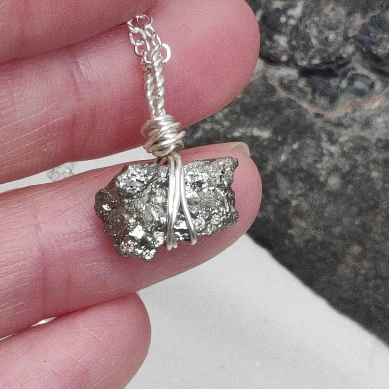 Raw Pyrite Necklace Wire Wrapped Crystal Pendant Rough Pyrite Cubes Cluster Women Jewelry Gift for Girlfriend