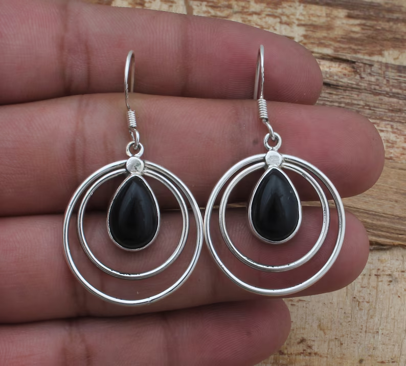 Schwarzer Onyx Kreis Edelstein Silber Ohrring 925 Sterling Silber Tropfen Ohrringe für Damen Handgemachte Stein Ohrringe Geschenke für Muttertag