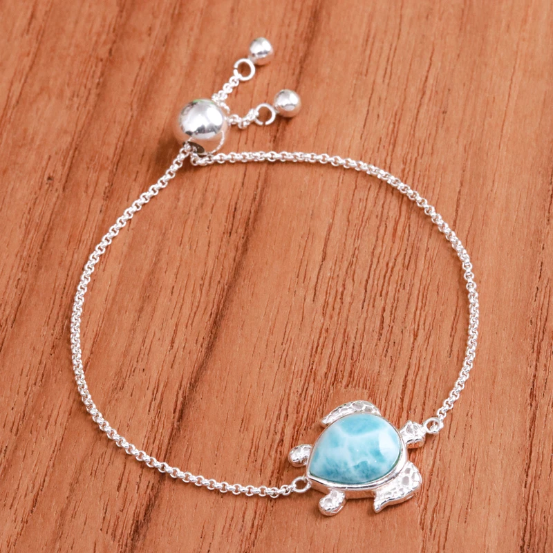 Schildkröten-Larimar-Armband aus 925er Sterlingsilber, böhmischer Schmuck, charmantes Schmuckstück, Valentinstagsgeschenk für sie